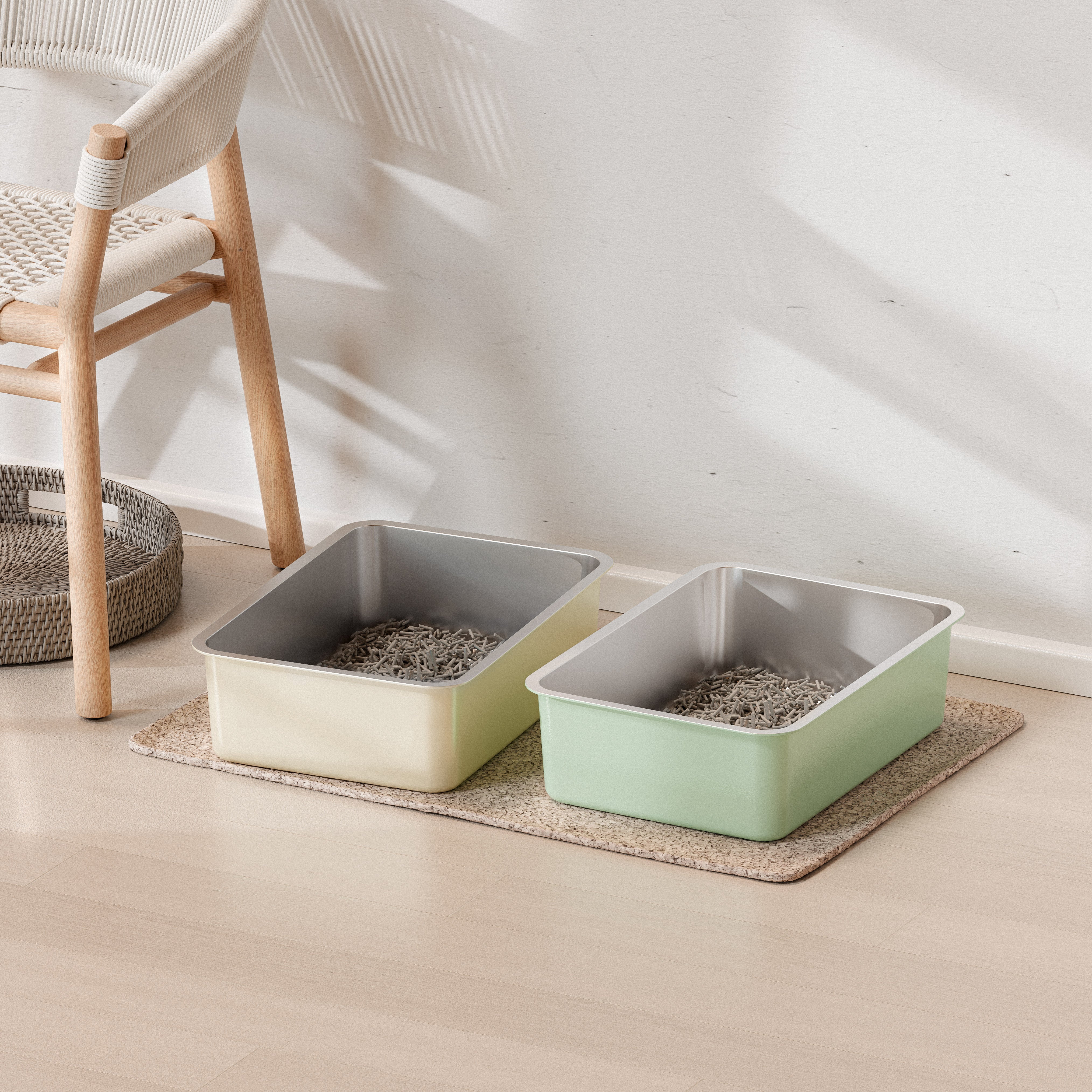 Tabby Trays Stainless Steel Litter Tray - Sage Green and Cream