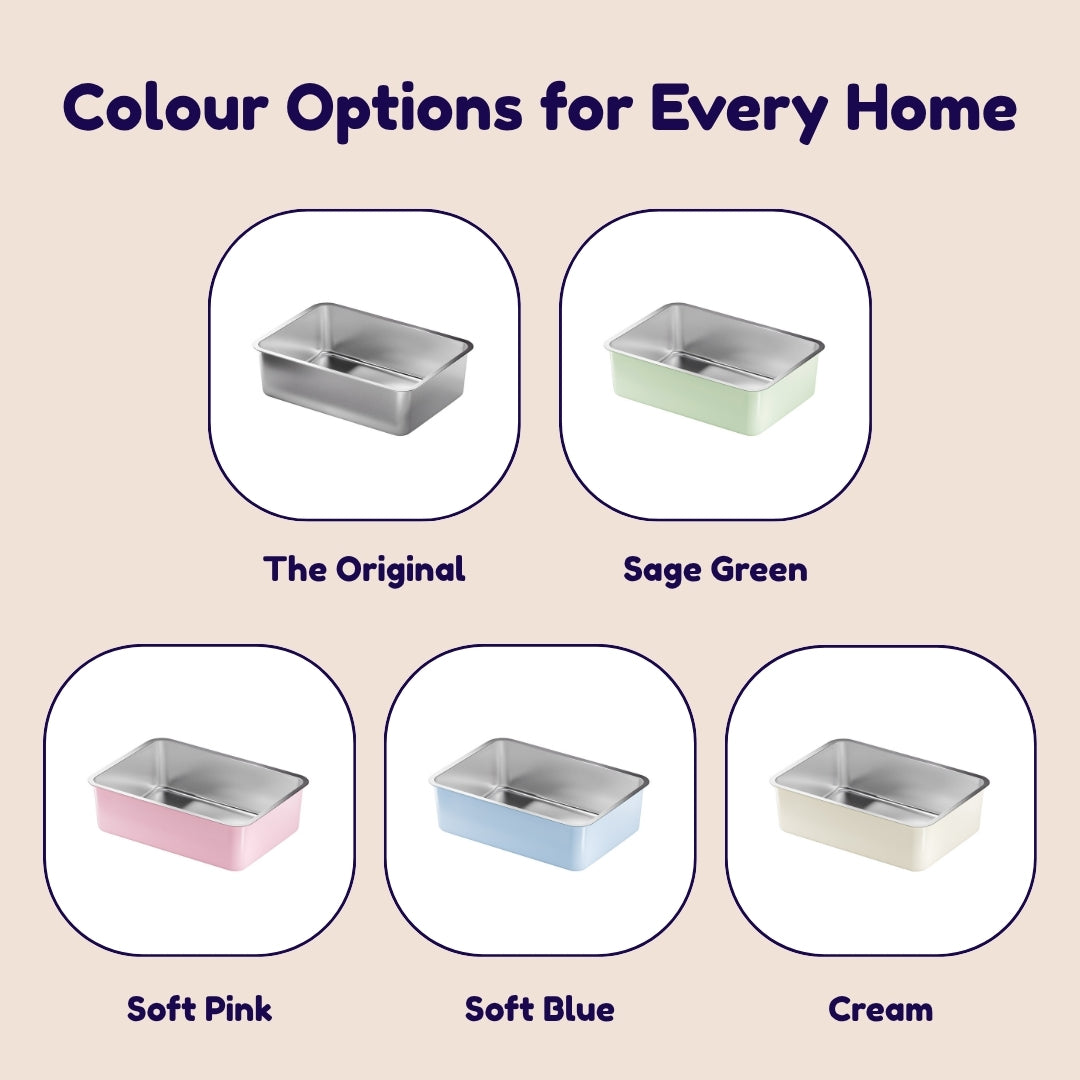 Tabby Trays stainless steel cat litter tray colour options.